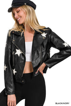 Load image into Gallery viewer, Vegan Leather Star Patch Moto Jacket