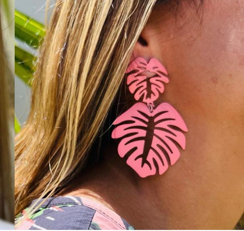 Pink Monstera Earrings
