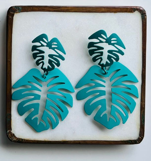 Teal Monstera Earrings