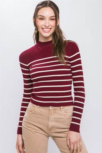 Mock Neck Ribbed Sweater Top (Sangria)