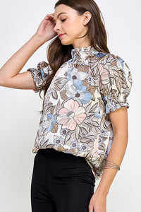 Satin Mock neck Puff Sleeves Blouse
